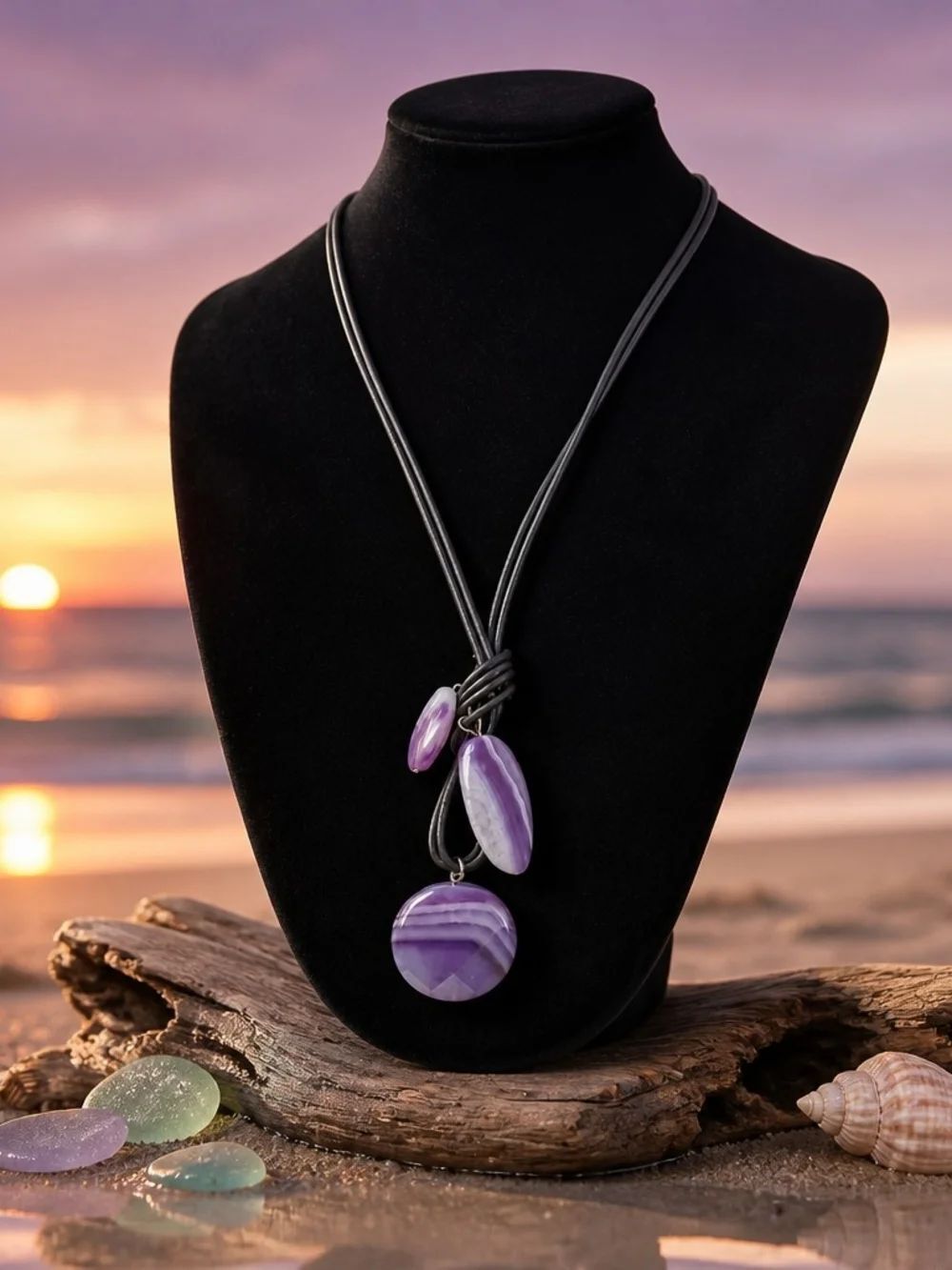 Purple Agate Pendant Leather Necklace - Women Jewelry